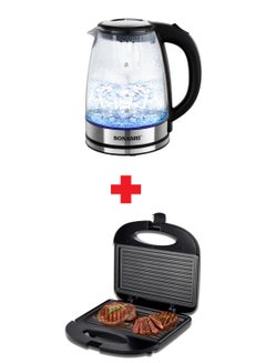 Buy 2-Slice Non-Stick Grill & Sandwich Maker 750W With Glass Kettle 1500 W SGT-853 + SKT-1809 Black in Saudi Arabia