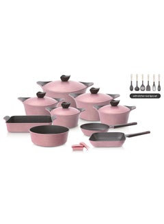 Buy Granite Cookware Set 20 Pieces Pink Marble Pots: 18 cm, 20 cm, 22 cm, 24 cm, 28 cm / frying pan 26 cm / grill pan 28 cm / rectangular oven tray 40 cm / round oven tray 28 cm in Saudi Arabia