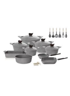 Buy Granite Cookware Set Of 20 Pieces Grey Pot sizes 18 cm + 20 cm + 22 cm + 24 cm + 28 cm + Rectangular Oven Pans: Small + Round Oven Pans: 28cm + Kitchen Tools: 6 Piece Set + Silicone Handles + 24 cm pan + 28 cm grilling pan in Saudi Arabia