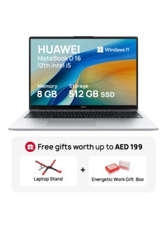 Buy Matebook D16 Laptop With 16-Inch Eye Comfort FullView Display, Ultra Slim, Core i5-12450H Processor/8GB RAM/512GB SSD/Windows 11 / English Keyboard +Gift Box +Laptop Stand Mystic Sliver in UAE