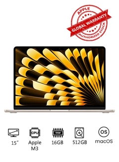 اشتري جهاز MacBook Air الجديد لعام 2024 بشاشة مقاس 15 بوصة، ووحدة معالجة مركزية Apple M3 Chip 8-Core، ومعالج رسوميات 10-Core/ذاكرة الوصول العشوائي (RAM) سعة 16 جيجابايت/محرك أقراص SSD سعة 512 جيجابايت/بطاقة رسومات Intel UHD باللغة الإنجليزية/العربية Starlight في الامارات