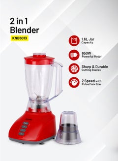 Buy 2-In-1 Blender- 1.6 Liter, 650 W, Powerful Motor With 2 Speed Setting And Pulse,2 Years Warranty 1.6 L 650 W KNB6013N Red in UAE