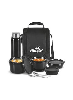 Buy Milton Pro Lunch Microwave Tiffin with Inner Steel Containers,180/320/450 ml- 1 Plastic Sauce pot-100 ml- 1 Steel Water Bottle 750 ml, Spoon and Fork, Easy to Carry Black 450ml in UAE