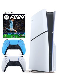 Buy PlayStation 5 Disc Console (Slim) With Extra Blue Controller And FC 24 in Saudi Arabia