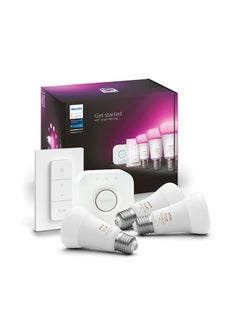 Buy Philips Hue Starter Kit 3x E27-9W (75W) White and colored light - 1100Lumens + Hue Bridge + Hue dimmer switch Multi color in UAE