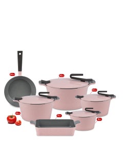 اشتري 10Pieces Granite set of healthy non-stick rounded kitchen cookware made of Pyrex artisan granite, with a rose frying pan. pink في مصر