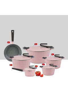 اشتري 11Pieces Granite set of healthy non-stick rounded kitchen cookware made of Pyrex artisan granite, with a rose frying pan. pink في مصر