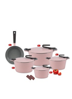 اشتري 9PiecesGranite set of healthy non-stick rounded kitchen cookware made of Pyrex artisan granite, with a rose frying pan. pink في مصر