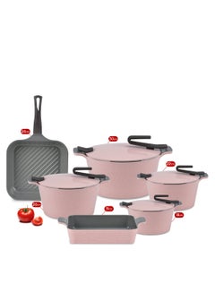 اشتري 10Pieces Granite Set Pyrex Artisan Pyrex Healthy Rounded Kitchen Cookware Non-Stick Granite Grill Rose pink في مصر