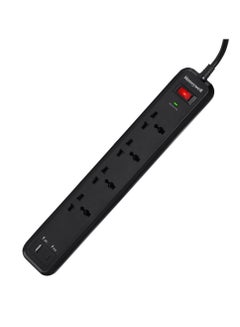 اشتري Honeywell Surge Protector, Master Switch, 4 Universal Sockets, 15000Amp, 2 Meter Cord, Device Secure Warranty, Automatic Overload Protection,3 Year Warranty Black-Value series في الامارات