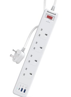 اشتري Honeywell 4 Out Surge Protector with Master Switch, Spike Guard/Extension board, 4 Outlet, PD20W & 2xUSB, 471 Joules, 1.8 Meter Cord, DSW, Automatic Overload Protection, 3 Years Manufacturer Warranty White في الامارات