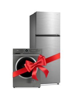 اشتري 489L Gross Top Mount Double Door Refrigerator, 2 Doors Frost Free Fridge Freezer + 8KG Front Load Washing Machine With BLDC Inverter Motor, 1400 RPM, 15 Programs, MF100W80BT-GCC +MDRT489MTE46 Silver في الامارات