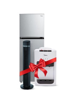 اشتري 346L Gross Top Mount Double Door Refrigerator, Frost Free + Table Top Water Dispenser Hot Cold & Normal + Tower Fan With Multifunction Remote Control, 3 Wind Modes-Natural 346 L MDRT346MTE50D+YL1635T+FZ1018TRB Silver في الامارات