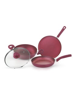 Buy Royalford 4-piece Granite Cookware Set- RF11959/ Press Aluminum Body with Durable 5 Layer Coating/ Dot Induction Base, Heat-Resistant Bakelite Handles and Tempered Glass Lid Multicolor in UAE