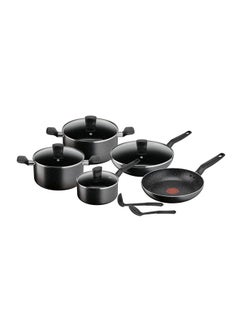 اشتري 11 Pieces Set Tefal Dark Stone  Non-Stick Stewpots 22/24 Cm + Lids Saucepan 18 Cm Frypan 28 Cm Wokpan 28 Cm Spoon Ladle Aluminium B491Sb85 Black في الامارات