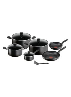 اشتري TEFAL Dark Stone 11 pc set, Non-stick, stewpots 22/24/28 cm, saucepan 16 cm, frypans 20/28 cm, slotted spatula, Aluminium, B491BS85 Black في الامارات