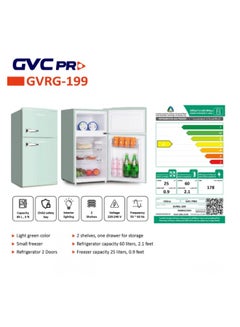 Buy Classic Double Door Refrigerator With Top Freezer, 85 L 80 W GVRG-199 Green in Saudi Arabia