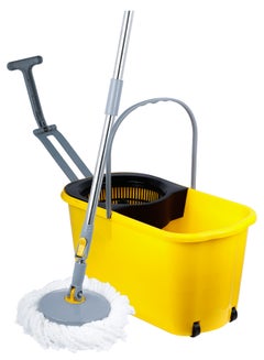 Buy Esqube Classic Spin Mop Bucket Set With Pull Handle And Wheels Yellow 25Liters in UAE