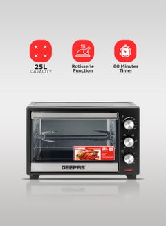 Buy Electric Oven With Rotisserie, 60 Minutes Timer With Bell Ring, 100-250°C Adjustable Temperature, 6 Stages Heating Selector, Power Indicator Light, Accessories:-Food Tray, Tray Handle, Wire Rack, Rotisserie Handle, Rotisserie Fork 25 L 1600 W GO34040 Black in UAE