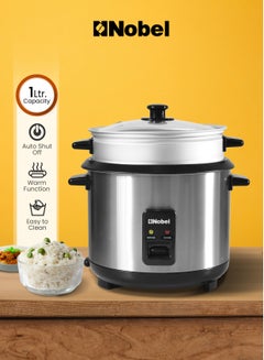 Buy 1.0L Rice Cooker with Glass Lid, Auto Shut Off, Non-Stick Inner Pot, Cool Touch Handle, and Brushed Stainless Steel Housing – 400W with Cooking, Steaming, and Keep Warm Functions 6 L 1900 W NRC100 white in UAE