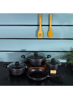 Buy Royalford Ritz 9-Piece Non-Stick Interior and Granite Exterior Cookware Set | Aluminum Body With 3-Layer Construction, CD Bottom, Bakelite Handles And Glass Lid| Includes Casserole, Saucepan, Fry Pan, Bamboo Kitchen Tools| PFOA-Free, Non-Stick Interior and Granite Exterior| Black color Black in Saudi Arabia