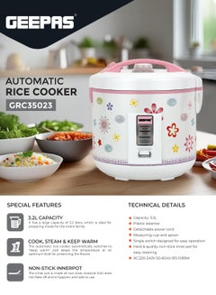 اشتري 3.2Liter Automatic Rice Cooker with Cook, Steam, and Keep Warm Features, Non-Stick Inner pot, Detachable Power Cord, Measuring Cups, and Spoon/Single Switch Design, Multi-Functional/Best for Making Rice, Healthy Foods, and Vegetables 3.2 L 1089 W GRC35023 White في الامارات