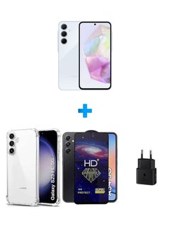 Buy Galaxy A35 Awesome Ice Blue 128 GB 5G lte With  Case Soft TPU Silicone Bumper Corner Full Camera Protection Cover Clear And HD Plus Super Glass Screen Protector Black And Samsung USB-C Wall Charger in Egypt