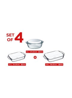 اشتري Set Of 4 Casserole (Round Casserole With Lid + 2 Rectangular Roaster) In Box 27x23 cm 3L / 31x20 cm 2.1L / 39x25 cm 3.8L Clear في مصر