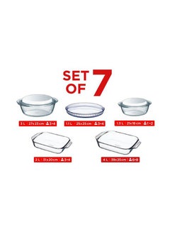 Buy Set Of 7 Casserole (2 Rectangular Roaster + 2 Round Casserole With Lid And Round Dessert Plate) In Box 27x23 CM 3L / 25x25 CM 1.1L / 21x18 CM 1.3L / 31x20 CM 2L / 39x25 CM 4L Clear in Egypt