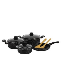 اشتري Royalford 9-piece Marble Coated and Press Aluminum Body Ritz Plus Cookware Set  Dot Induction Base, Bakelite Handles and Lid/ Includes Casseroles, Saucepan, Bamboo Kitchen Tools and Fry Pan/ Black Black في السعودية