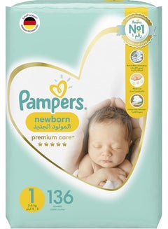 Buy Giant New Born Premium Taped Diapers Ultra Absorption for Skin Protection 2-5 kg Capacity Size 1-Pack of 136 in UAE