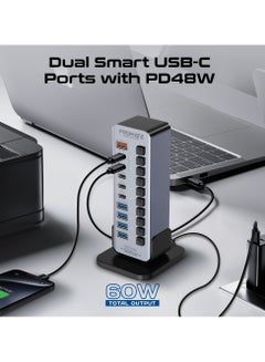 اشتري Promate 14-In-1 Multiport 60W USB-C Tower Hub, with (3) 5Gbps USB-C™ Ports, 4 USB-A™ Ports, 2 Fast Charging upto 45W USB-C Ports, Individual On/Off Switches , Plug and Play Grey في السعودية