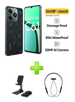 اشتري realme C61 Dual SIM Dark Green 8 GB RAM 256 GB 4G GSM/LTE/UMTS Middle East Version With Adjustable Desktop Stand for Phones/Tablets Black+ Bluetooth Headset Sports Black في مصر