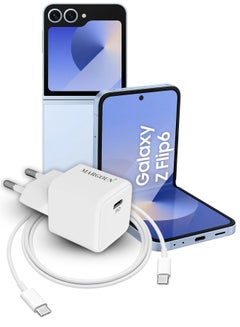 Buy 25W PD Fast Charger Adapter Type C 2Pins with 1m Cable Type C for Samsung Galaxy Z flip 6 and Z flip 5 White in UAE