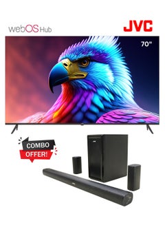 اشتري 70 Inch Edgeless 4K UHD WebOS Hub Smart TV with 5.1 CH Soundbar with Wireless Subwoofer Home Theatre Combo LT-70N7145+TH-N430B Black في الامارات