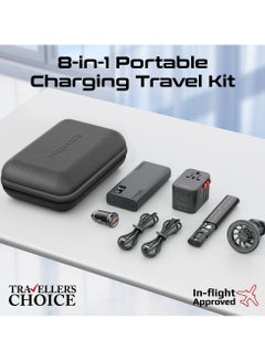 Buy 20000 mAh 8 in 1 Portable Travel Kit, Power Bank, 36W Universal AC Adapter, 65W Dual-Output Mini Car Charger, Dual USB-C & Lighting Cables, Magnetic Mount & Accessory Kit Black in Saudi Arabia