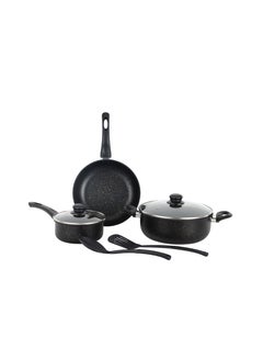 اشتري Royalford Elite 7-Piece Forged Aluminum Cookware Set- RF12622/ Durable Nonstick Granite Coating with 5-Layer Construction, CD Bottom and Glass Lid/ Includes Casserole, Saucepan, Fry Pan, Nylon Kitchen Tools, PFOA-Free Black في الامارات