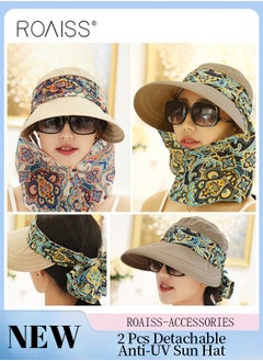 Buy 2 Pcs Detachable Anti-UV Sun Hat for Women Wide Brim Sun Protection Hat Summer Outdoor Neck Shield Shawl Multi-function Ponytail Hat Beige and Khaki in UAE