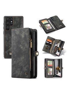 Buy Protective Phone Cover Case Wallet Case For Samsung Galaxy 22 Ultra, 2 in 1 Detachable Premium Leather Magnetic Zipper Pouch Wristlet Flip Phone Case (Black) in UAE