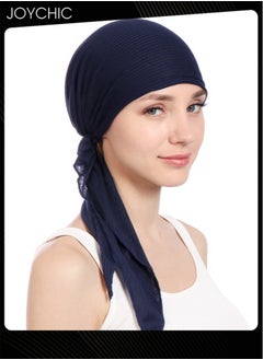 اشتري Women's Solid Color Wrinkle Turban Cotton Chemo Hat Casual Windproof Head Scarves Slip-On Pre-Tied Hijab  for Ladies All Seasons Navy في الامارات