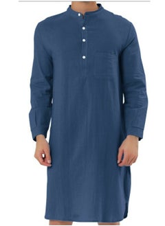 اشتري Men's Muslim Stand Collar Robe Thobe Solid Color Long Sleeve Kaftan Casual Shirt Navy Blue في الامارات