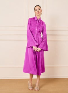 Buy Satin Pleated Detail Shirt Midi Dress in Saudi Arabia