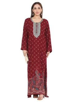 اشتري LONG PRINTED VISCOSE WITH NECK EMBROIDERED ARABIC KAFTAN JALABIYA DRESS في السعودية