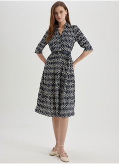 اشتري Shirt Collar Printed Midi Long Sleeve Dress في الامارات