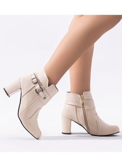 Buy Ankle Boot Heels Leather Elegant R-23 - Beige in Egypt