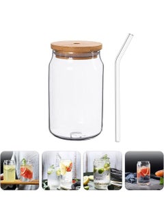 Buy Bamboo Lid Glass Jar, Shaped Glass Glass Clear Water Cup Juice Drink Cup with Straw Drinking Glass for Any Drink and Any Occasion (500ml) in UAE