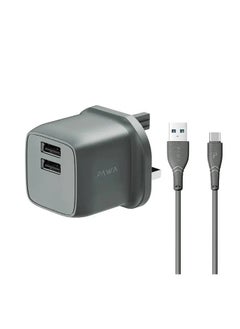 Buy Pocketmini Dual USB Travel Charger UK Standard With USB-A to Type-C Cable / Fast Charging / ABS Material / Mini Size / Low Temperature Protection / Short Circuit Protection - Grey in UAE