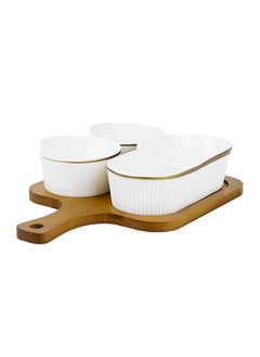 Buy Shallow Porcelain New Bone China Verde 3-Compartment Serving Set with Bamboo Tray - Elegant Culinary Presentation in UAE