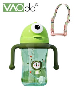 Buy Kids Water Bottle with Handle Silicone Straw and Spill-Resistant Lid with Adjustable Straps Prevent Choking Gravity Ball Sippy Cup 300ML Green in UAE