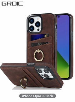 Buy For IPhone 14 Pro Case 6.1 Inch Wallet Case with Card Holder Ring Kickstand Dual Layer Leather Credit Card Slots Protective Shockproof Cover Designed for IPhone 14 6.1 Inch Shell in UAE